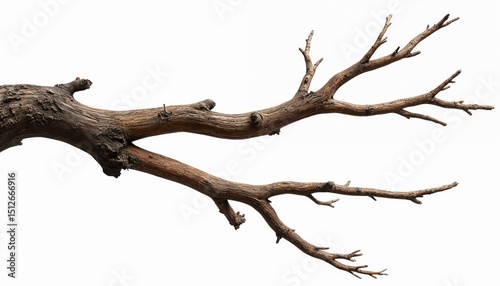 Natural illustration tree branch isolated white background. Detailed view of wood branch texture. Decorative element, eco design. Perfect for concepts like nature, ecology, environment, organic