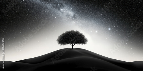Solitary Tree on Hill Under Starry Galaxy Night Sky in Black and White Concept