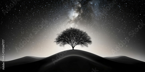 Solitary Tree on Hill Under Starry Galaxy Night Sky in Black and White Concept
