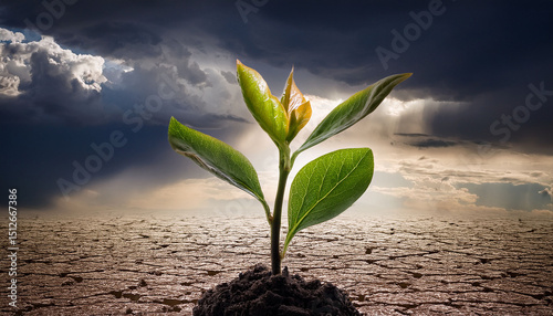 sprout emerging from cracked soil under dark ominous clouds sym photo