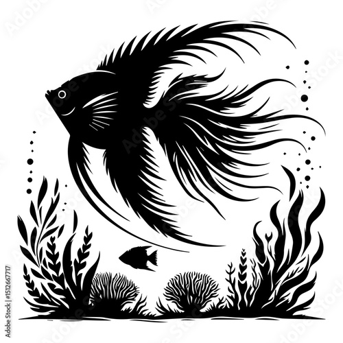 A black and white silhouette of a stylized scalaria fish swimming at the bottom of a pond on a white isolated background. Vector graphics. EPS.