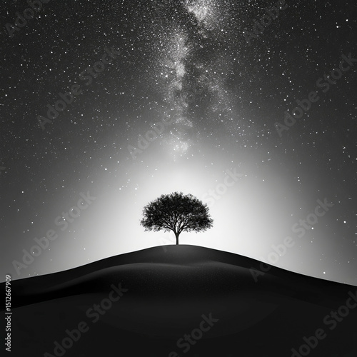 Solitary Tree on Hill Under Starry Galaxy Night Sky in Black and White Concept