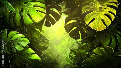 Lush green forest with a lot of leaves and vines. The image has a peaceful and calming mood, as it depicts a serene and natural environment