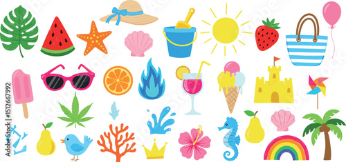 Beach summer icons. Sea vector element. Vacation crayon illustration. Beach and sea summer vacation sticker set. Cute holiday icon. Pastel chalk doodle fruit sun watermelon tropical cocktail hat shell