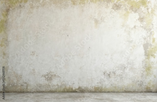 White cement wall background with discolored stains and textured surface. Grunge, weathered, aged concrete, rough design. Moldy, dirty, retro, vintage wall. Abstract background, brown spots.