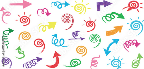 Color arrows. Brush, crayon, pencil line vector. Hand drawn pastel or marker shape element. Chalk arrow icon. Scribble design sketch bg. Abstract doodle kid color arrow set. Cute fun grunge background