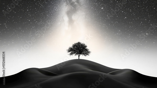 Solitary Tree on Hill Under Starry Galaxy Night Sky in Black and White Concept