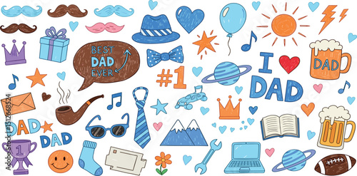 Father day pattern. Kid doodle seamless background. Dad crayon hand drawn vector. Happy man illustration with crayon texture. Father's day seamless pattern. Dad mustache, beer, tie, hat, laptop bg.