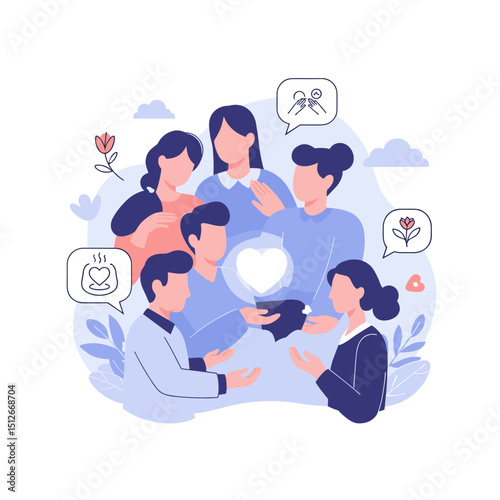 Shared sentiments: A group of friends and loved ones, communicating through symbols and gestures, sharing the concept of love and relationship.