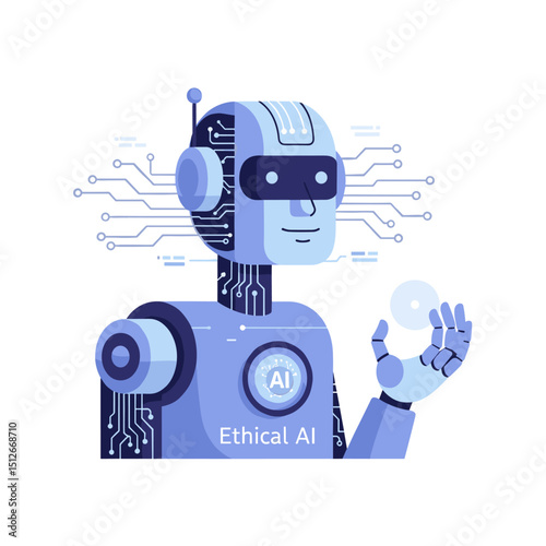 Ethical AI: A serene robot, embodies AI and ethical decision-making, holding a digital sphere.
