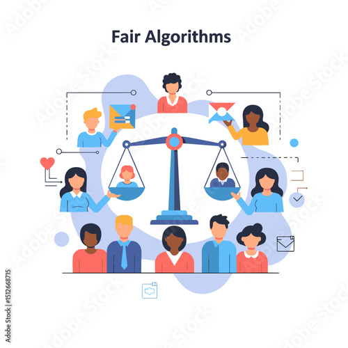 Fair Algorithm's Balancing Act: An illustration portraying diverse individuals connected by a scale, symbolizing the concept of fair algorithms and the balance of equity in digital systems.