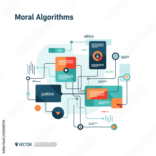 Moral Algorithms: A visually intricate graphic showcases the complex interconnections of moral algorithms, weaving together concepts of justice, ethics.