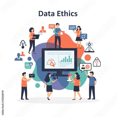 Data Ethics and Integrity: A graphic representation of a collaborative team of individuals engaging in discussions and sharing information related to data ethics and integrity.