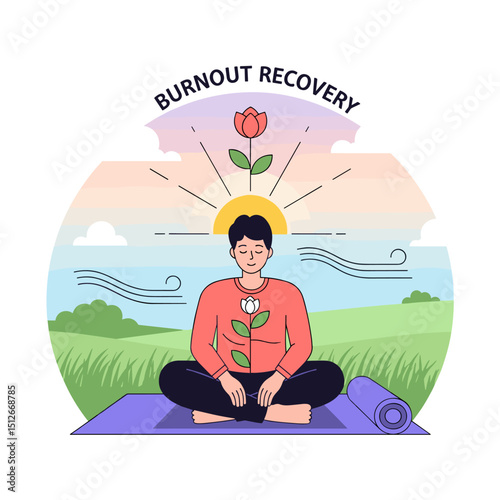 Revitalize: A illustration depicts a person practicing mindful meditation, focusing on mental wellness and embracing self-care for burnout recovery.
