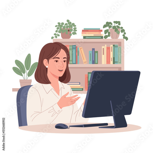 Woman Working From Home Office: A young woman sits at her desk in a home office, working on her computer. The room is filled with plants and books, creating a peaceful and productive atmosphere. 