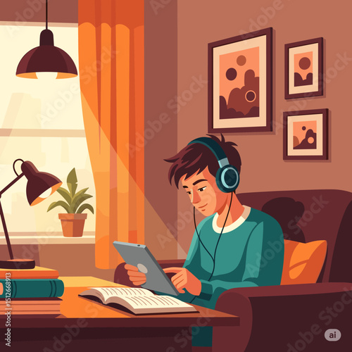Digital Oasis: A person, illuminated by the sun's rays, deeply engrossed in their tablet with headphones.