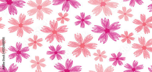 Flower pattern. Floral seamless pink vector background. Crayon spring simple print pattern. Chalk flower, abstract cute pastel summer design. Wax pencil modern child background. Floral pink crayon bg 