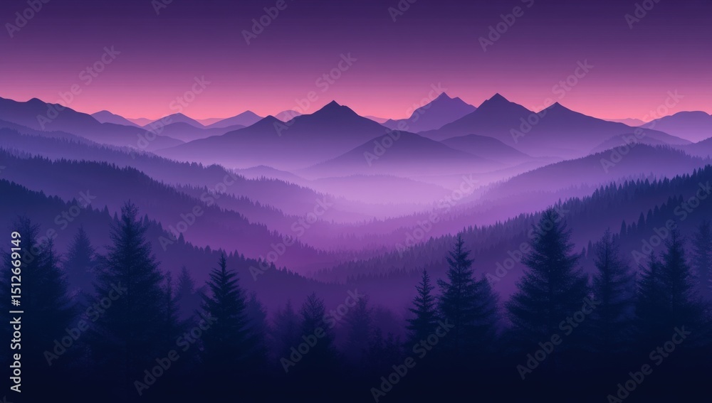 Obraz premium Serene Mountain Vista at Dusk: A breathtaking panoramic view of a mountain range enveloped in layers of soft violet and purple hues at dusk, evokes tranquility and natural beauty.