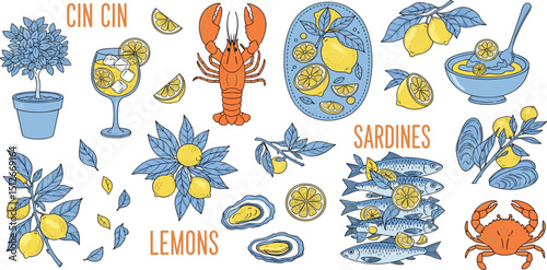  Italian doodle food. Summer sea food. Lemon Italian Amalfi beach sketch. Doodle wine cocktail, lobster, sardines. Vector summer sea beach illustration.
