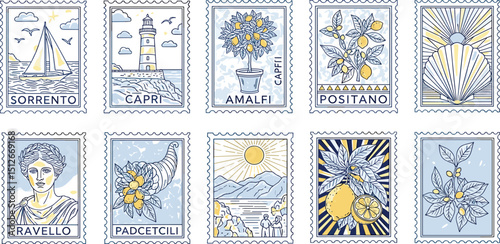 Italian summer with lemon. Stamp Italy poster. Vintage doodle summer. Food from Italy, lemon design menu. Beach sea stamp background. Italian coast Amalfi Positano Capri Ravello Sorrento Faraglioni bg