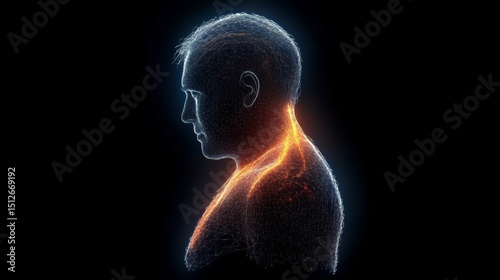 Man's head and neck are shown in a black background with a glowing orange line. The image is abstract and surreal, with the man's features appearing distorted and elongated