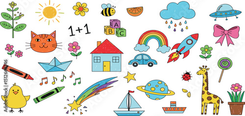 Kid pattern, baby background. Crayon seamless bg. Cute hand drawn children pattern with house school cloud flower rainbow sun tree cat. Summer color sketch background. Pencil crayon preschool scribble