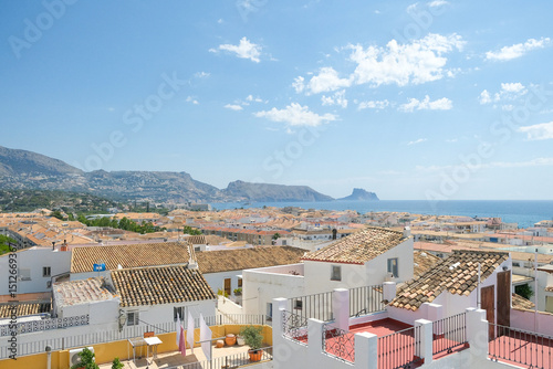 Fototapeta Naklejka Na Ścianę i Meble -  Aerial view to Altea old town houses, Mediterranean sea and mountains. Altea is small picturesque town, popular tourist destination in Alicante province, Valencia Community, Spain