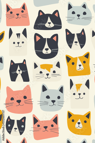 Seamless vector pattern of cute colorful cartoon cat faces with copy space background