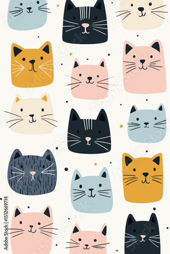 Seamless vector pattern of cute colorful cartoon cat faces with copy space background
