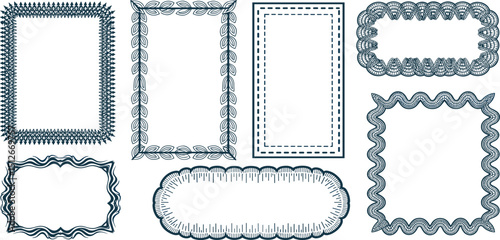 Stamp coastal frames. Vintage squiggle borders. Hand drawn frame for menu, wedding invitation, coastal party. Italian ornament border design. Doodle wiggle retro stamp poster. Scallop crayon emblem bg