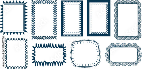 Stamp coastal frames. Vintage squiggle borders. Hand drawn frame for menu, wedding invitation, coastal party. Italian ornament border design. Doodle wiggle retro stamp poster. Scallop crayon emblem bg