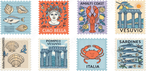Summer Italy stamp. Lemon Amalfi beach vintage postcard. Sea summer illustration vector design. Italian Amalfi beach. Post stamp pattern. Retro Italy sea vacation. Lemon lobster tomato column frame bg