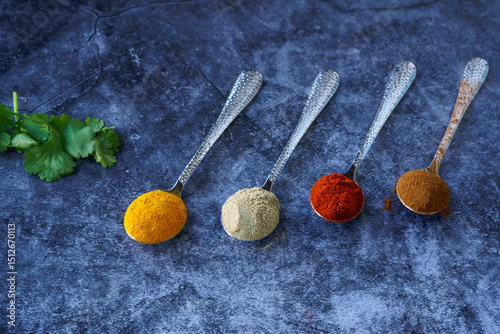 Fototapeta Naklejka Na Ścianę i Meble -  Different coloured powder spices on the spoons. 