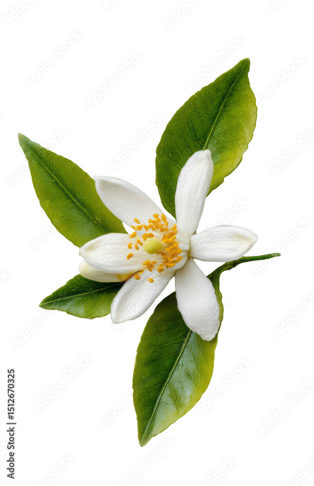 Obraz premium One white flower of an orange blossom with green leaves, isolated on a white background, png, transparent