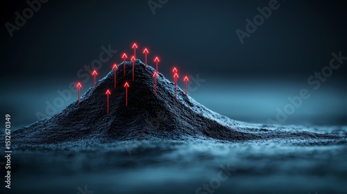 Mountain with many red arrows pointing upwards. The mountain is surrounded by a blue sky. Concept of growth and progress, as the arrows represent the upward movement towards success or achievement