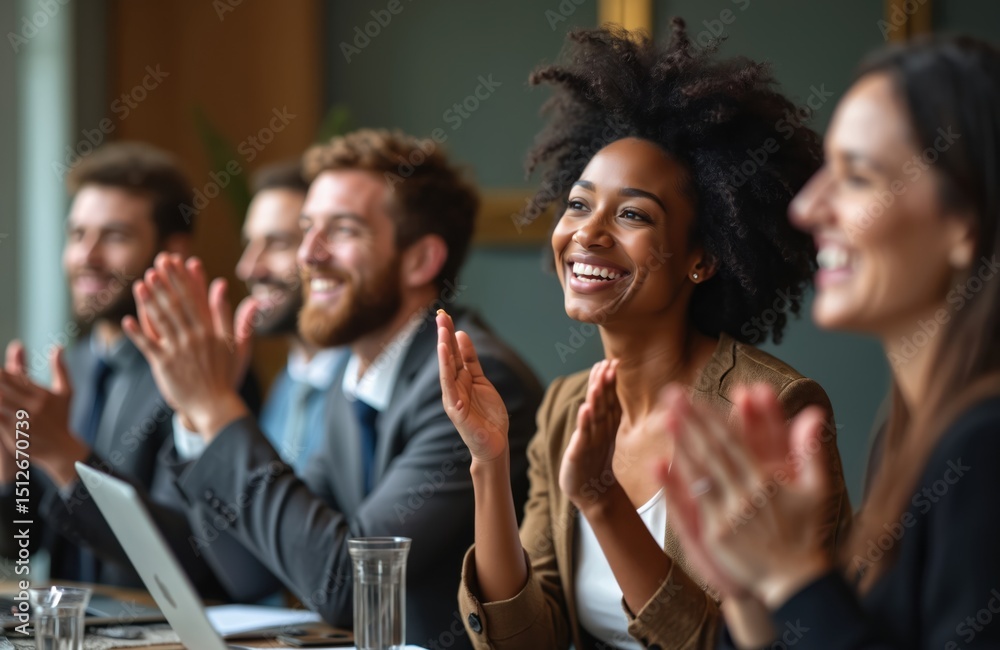 Obraz premium Diverse business team celebrates success with applause in office meeting. Happy colleagues clap hands, showing support for black woman. Teamwork, cooperation, corporate achievement.