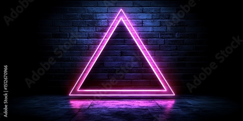 Neon pink triangle is lit up against a brick wall. The triangle is lit up in a neon color, which gives it a futuristic and modern look