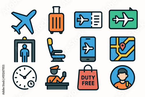 Colorful airport travel icons set: airplane, luggage, ticket, map, duty free