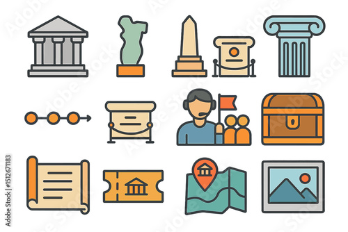 Museum icon set featuring artifacts, tickets, maps, and historical items