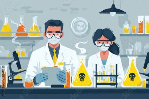 Illustration of Hospital Staff Managing Hazardous Materials in a Clean Laboratory Environment During Daylight