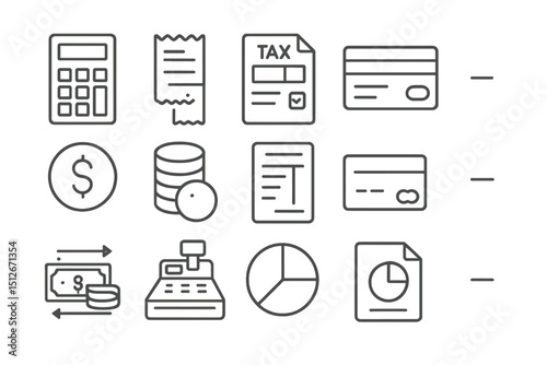 Financial symbols featuring calculator, receipt, tax document, and credit card icons