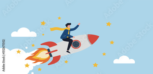 Success achievement, boost growth development to reach target, leadership to win business challenge, startup, entrepreneur or ambition to win, businessman riding fast rocket to reach success