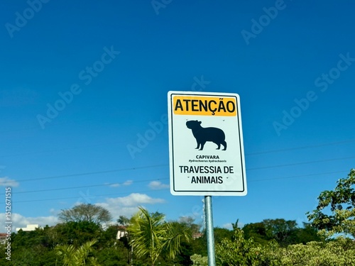 Placa de travessia de animais na via atenção capivara.