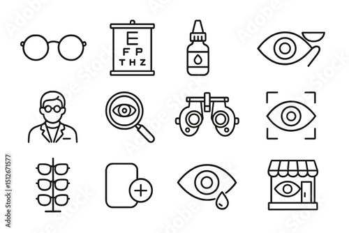 Eye care icons set: glasses, eye chart, doctor, optician, eye drops