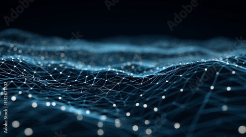 Illustration of data technology, featuring an abstract and futuristic background with a wave formed by connecting dots and lines on a dark backdrop, resembling a wave of particles