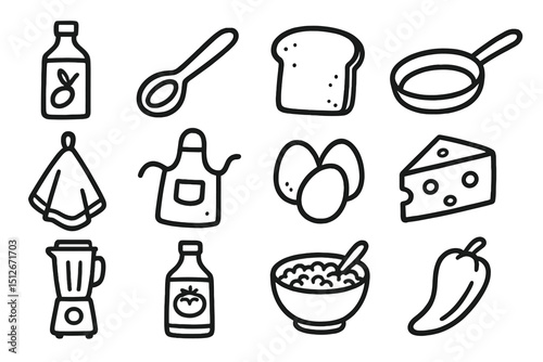 Simple kitchen icons: bread, eggs, cheese, blender, pan, apron, spoon