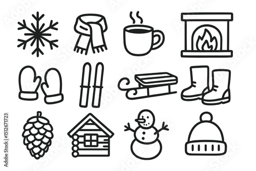 Winter icons set: snowflake, fireplace, sled, cabin, snowman, mittens, beanie