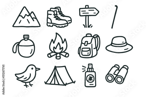 Hand-drawn camping icons featuring gear, nature, and directions