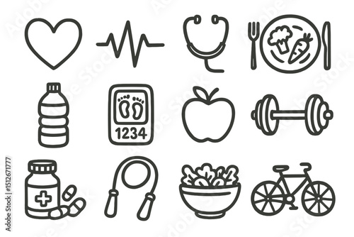 Healthy lifestyle icons: heart, exercise, nutrition, wellness, fitness symbols