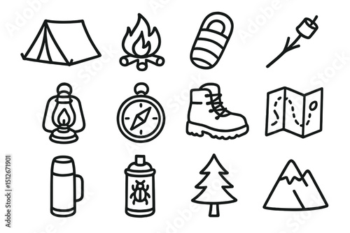 Camping icons: tent, fire, sleeping bag, map, compass, lantern, hiking boots